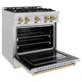 ZLINE 5-Piece Appliance Package - 30-Inch Dual Fuel Range, Hood, Refrigerator with Water Dispenser, Dishwasher, and Microwave Drawer in Stainless Steel with Champagne Bronze Accents