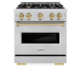ZLINE 5-Piece Appliance Package - 30-Inch Dual Fuel Range, Hood, Refrigerator with Water Dispenser, Dishwasher, and Microwave Drawer in Stainless Steel with Champagne Bronze Accents