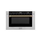 ZLINE 5-Piece Appliance Package - 30-Inch Dual Fuel Range, Hood, Refrigerator with Water Dispenser, Dishwasher, and Microwave Drawer in Stainless Steel with Champagne Bronze Accents