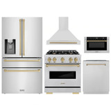 ZLINE 5-Piece Appliance Package - 30-Inch Dual Fuel Range, Hood, Refrigerator with Water Dispenser, Dishwasher, and Microwave Drawer in Stainless Steel with Champagne Bronze Accents