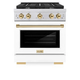 ZLINE Autograph Edition 2-Piece Appliance Package - 30-Inch Gas Range & Wall Mounted Range Hood in Stainless Steel and White Door with Gold Trim (2AKP-SGRWMRH30-G)