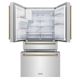 ZLINE Autograph Edition 4-Piece Appliance Package - 30-Inch Gas Range, Refrigerator with Water Dispenser, Wall Mounted Range Hood, & 24-Inch Tall Tub Dishwasher in Stainless Steel with Champagne Bronze Trim (4AKPR-SGRRHDWM30-CB)