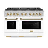 ZLINE Autograph Edition 48-Inch 6.7 cu. ft. Paramount Gas Range with 8 Burner DuoPro™ Cooktop and Dual Ovens in Satin Stainless Steel with White Matte Doors and Champagne Bronze Accents (PSGRSZ-WM-48-CB)