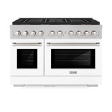 ZLINE 48-Inch 6.7 cu. ft. Paramount Gas Range with 8 Burner DuoPro™ Cooktop and Dual Ovens in Satin Stainless Steel with White Matte Doors (PSGRS-WM-48)