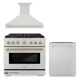 ZLINE Autograph Edition 3-Piece Appliance Package - 36-Inch Gas Range, Wall Mounted Range Hood, & 24-Inch Tall Tub Dishwasher in Stainless Steel with Gold Trim (3AKP-SGRRHDWM36-G)