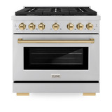 ZLINE Autograph Edition 3-Piece Appliance Package - 36-Inch Gas Range, Wall Mounted Range Hood, & 24-Inch Tall Tub Dishwasher in Stainless Steel with Gold Trim (3AKP-SGRRHDWM36-G)
