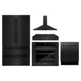 ZLINE 5-Piece Appliance Package - 48-Inch Rangetop with Brass Burners, Refrigerator, 30-Inch Electric Wall Oven, 3-Rack Dishwasher, and Convertible Wall Mount Hood in Black Stainless Steel (5KPR-RTBRH48-AWSDWV)