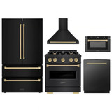 ZLINE 5-Piece Appliance Package - 30-Inch Dual Fuel Range, Hood, Refrigerator, Dishwasher, and Microwave Drawer in Black Stainless Steel with Champagne Bronze Accents