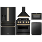 ZLINE 5-Piece Appliance Package - 30-Inch Gas Range, Hood, Refrigerator with Water Dispenser, Dishwasher, and Microwave Drawer in Black Stainless Steel with Gold Accents