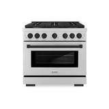 ZLINE Autograph Edition 4-Piece Appliance Package - 36-Inch Gas Range, Refrigerator with Water Dispenser, Wall Mounted Range Hood, & 24-Inch Tall Tub Dishwasher in Stainless Steel with Matte Black Trim (4AKPR-SGRRHDWM36-MB)