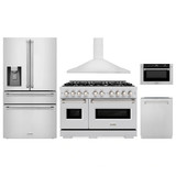 ZLINE 5-Piece Appliance Package - 48-Inch Gas Range, Hood, Refrigerator with Water Dispenser, Dishwasher, and Microwave Drawer in Stainless Steel
