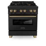 ZLINE Autograph Edition 4-Piece Appliance Package - 30-Inch Dual Fuel Range, Refrigerator, Wall Mounted Range Hood, and 24-Inch Tall Tub Dishwasher in Black Stainless Steel with Champagne Bronze Trim (4AKPR-RABRHDWV30-CB)