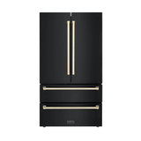 ZLINE Autograph Edition 4-Piece Appliance Package - 48-Inch Gas Range, Refrigerator, Wall Mounted Range Hood, & 24-Inch Tall Tub Dishwasher in Black Stainless Steel with Gold Trim (4AKPR-SGRBRHDWV48-G)