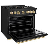 ZLINE 5-Piece Appliance Package - 36-Inch Gas Range, Hood, Refrigerator, Dishwasher, and Microwave Drawer in Black Stainless Steel with Champagne Bronze Accents