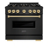 ZLINE 5-Piece Appliance Package - 36-Inch Gas Range, Hood, Refrigerator with Water Dispenser, Dishwasher, and Microwave Drawer in Black Stainless Steel with Gold Accents