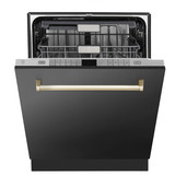 ZLINE 5-Piece Appliance Package - 36-Inch Gas Range, Hood, Refrigerator with Water Dispenser, Dishwasher, and Microwave Drawer in Black Stainless Steel with Gold Accents
