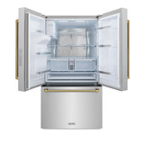 ZLINE Autograph 36-Inch Standard-Depth French Door Refigerator with External Water Dispenser & Dual Ice Maker in Stainless Steel with Gold Helix Handles (RSMZ-W-36-KG)