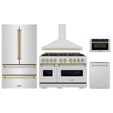 ZLINE 5-Piece Appliance Package - 48-Inch Dual Fuel Range, Hood, Refrigerator, Dishwasher, and Microwave Drawer in Stainless Steel with Gold Accents