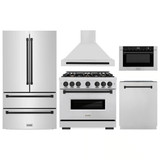 ZLINE 5-Piece Appliance Package - 36-Inch Dual Fuel Range, Hood, Refrigerator, Dishwasher, and Microwave Drawer in Stainless Steel with Matte Black Accents