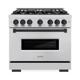 ZLINE 5-Piece Appliance Package - 36-Inch Dual Fuel Range, Hood, Refrigerator, Dishwasher, and Microwave Drawer in Stainless Steel with Matte Black Accents