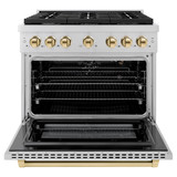 ZLINE Autograph Edition 4-Piece Appliance Package - 36-Inch Gas Range, Refrigerator, Wall Mounted Range Hood, & 24-Inch Tall Tub Dishwasher in Stainless Steel with Gold Trim (4KAPR-SGRRHDWM36-G)