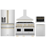 ZLINE 5-Piece Appliance Package - 48-Inch Gas Range, Hood, Refrigerator with Water Dispenser, Dishwasher, and Microwave Drawer in Stainless Steel with Gold Accents