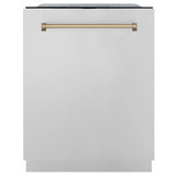 ZLINE Autograph Edition 4-Piece Appliance Package - 36-Inch Dual Fuel Range, Refrigerator with Water Dispenser, Wall Mounted Range Hood, & 24-Inch Tall Tub Dishwasher in Stainless Steel with Champagne Bronze Trim (4AKPR-RARHDWM36-CB)