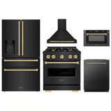 ZLINE 5-Piece Appliance Package - 30-Inch Gas Range, Hood, Refrigerator with Water Dispenser, Dishwasher, and Microwave Drawer in Black Stainless Steel with Champagne Bronze Accents