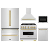 ZLINE 5-Piece Appliance Package - 36-Inch Gas Range, Hood, Refrigerator, Dishwasher, and Microwave Drawer in Stainless Steel with Champagne Bronze Accents