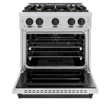 ZLINE 5-Piece Appliance Package - 30-Inch Gas Range, Hood, Refrigerator, Dishwasher, and Microwave Drawer in Stainless Steel with Matte Black Accents