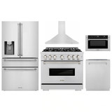 ZLINE 5-Piece Appliance Package - 36-Inch Dual Fuel Range, Hood, Refrigerator with Water Dispenser, Dishwasher, and Microwave Drawer in Stainless Steel