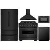 ZLINE 5-Piece Appliance Package - 36-Inch Dual Fuel Range, Hood, Refrigerator, Dishwasher, and Microwave Drawer in Black Stainless Steel