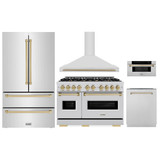 ZLINE 5-Piece Appliance Package - 48-Inch Gas Range, Hood, Refrigerator, Dishwasher, and Microwave Drawer in Stainless Steel with Champagne Bronze Accents