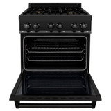 ZLINE 5-Piece Appliance Package - 30-Inch Dual Fuel Range with Brass Burners, Refrigerator, Convertible Wall Mount Hood, Microwave Drawer, and 3-Rack Dishwasher in Black Stainless Steel (5KPR-RABRH-MWDWV)