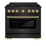 ZLINE Autograph Edition 4-Piece Appliance Package - 36-Inch Gas Range, Refrigerator, Wall Mounted Range Hood, & 24-Inch Tall Tub Dishwasher in Black Stainless Steel with Gold Trim (4AKPR-SGRBRHDWV36-G)