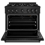 ZLINE 5-Piece Appliance Package - 36-Inch Gas Range, Hood, Refrigerator with Water Dispenser, Dishwasher, and Microwave Drawer in Black Stainless Steel