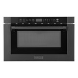 ZLINE 5-Piece Appliance Package - 36-Inch Gas Range, Hood, Refrigerator with Water Dispenser, Dishwasher, and Microwave Drawer in Black Stainless Steel