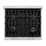 ZLINE 5-Piece Appliance Package - 30-Inch Gas Range, Hood, Refrigerator with Water Dispenser, Dishwasher, and Microwave Drawer in Stainless Steel with Champagne Bronze Accents