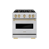 ZLINE 5-Piece Appliance Package - 30-Inch Gas Range, Hood, Refrigerator with Water Dispenser, Dishwasher, and Microwave Drawer in Stainless Steel with Champagne Bronze Accents