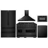 ZLINE 5-Piece Appliance Package - 48-Inch Dual Fuel Range, Hood, Refrigerator, Dishwasher, and Microwave Drawer in Black Stainless Steel