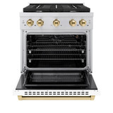 ZLINE Autograph Edition 3-Piece Appliance Package - 30-Inch Gas Range, Wall Mounted Range Hood, & 24-Inch Tall Tub Dishwasher in Stainless Steel and White Door with Gold Trim (3AKP-SGRWMRHDWM30-G)