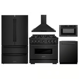 ZLINE 5-Piece Appliance Package - 36-Inch Gas Range, Hood, Refrigerator, Dishwasher, and Microwave Drawer in Black Stainless Steel