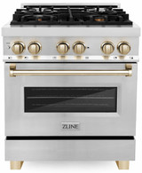 ZLINE Autograph Edition 4-Piece Appliance Package - 30-Inch Dual Fuel Range, Refrigerator, Wall Mounted Range Hood, & 24-Inch Tall Tub Dishwasher in Stainless Steel with Gold Trim (4KAPR-RARHDWM30-G)