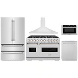 ZLINE 5-Piece Appliance Package - 48-Inch Dual Fuel Range, Hood, Refrigerator, Dishwasher, and Microwave Drawer in Stainless Steel