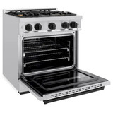 ZLINE 5-Piece Appliance Package - 30-Inch Gas Range, Hood, Refrigerator with Water Dispenser, Dishwasher, and Microwave Drawer in Stainless Steel with Matte Black Accents