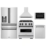 ZLINE 5-Piece Appliance Package - 30-Inch Gas Range, Hood, Refrigerator with Water Dispenser, Dishwasher, and Microwave Drawer in Stainless Steel with Matte Black Accents