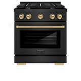 ZLINE Autograph Edition 3-Piece Appliance Package - 30-Inch Gas Range, Wall Mounted Range Hood, & 24-Inch Tall Tub Dishwasher in Black Stainless Steel with Champagne Bronze Trim (3AKP-SGRBRHDWV30-CB)