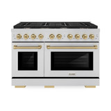 ZLINE Autograph Edition 4-Piece Appliance Package - 48-Inch Gas Range, Refrigerator, Wall Mounted Range Hood, & 24-Inch Tall Tub Dishwasher in Stainless Steel with Champagne Bronze Trim (4AKPR-SGRRHDWM48-CB)