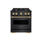 ZLINE 5-Piece Appliance Package - 30-Inch Gas Range, Hood, Refrigerator, Dishwasher, and Microwave Drawer in Black Stainless Steel with Champagne Bronze Accents