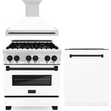 ZLINE Autograph Edition 3-Piece Appliance Package - 30-Inch Dual Fuel Range, Wall Mounted Range Hood, & 24-Inch Tall Tub Dishwasher in Stainless Steel and White Door with Matte Black Trim (3AKP-RAWMRHDWM30-MB)